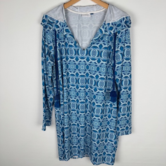 Cabana Life Blue Geometric Tile Hooded Swim Cover Up Dress Womens L Tassel - Picture 8 of 11